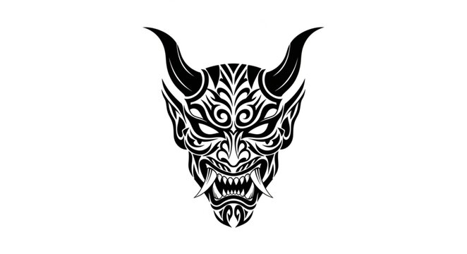 Japanese Oni Mask Tattoo Design with Horns and Fierce Expression.