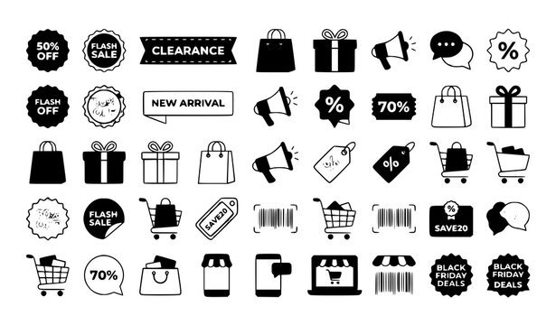 Shopping Sale Mega Icon Set with Black Friday Deals, Flash Sale Stickers, Clearance Banners, Barcode Scanners, and E-commerce Marketing Elements in Flat Vector Style