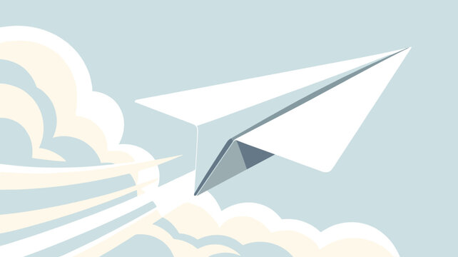 Minimalist paper plane flying through clouds &ndash; Ideal for travel agencies, imagination, or startup launches.