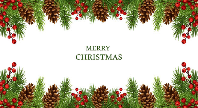 Festive christmas border with pine branches cones and berries holiday design