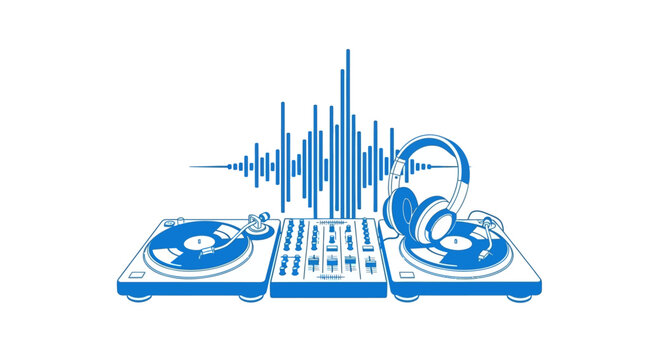 DJ setup with headphones and sound wave graphic