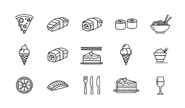 Modern food outline vector icon set pizza sushi dessert and noodle symbols
