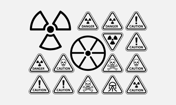 Radioactive Material Warning Line Art Icon Set, Radiation Danger and Caution Signs Collection
