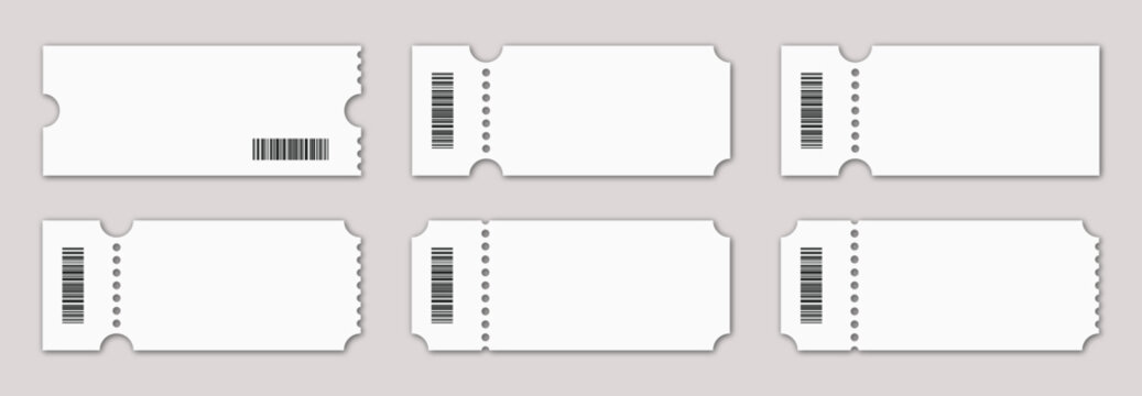 Blank white ticket template set vector illustration. Empty admission coupon with barcode and perforated edge. Clean minimal raffle pass graphic for event and print.
