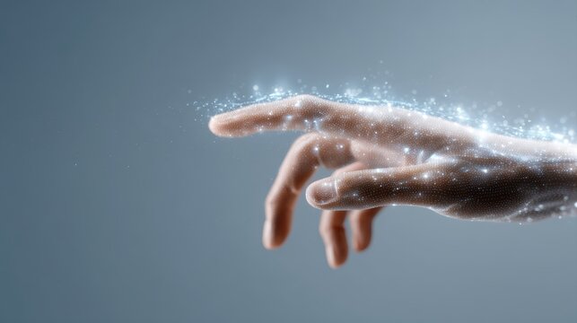 Human hand deal with digital AI hand, glowing connections and data flow, human and artificial intelligence integration concept, futuristic clean tech style