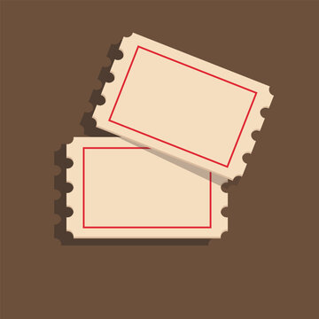 Vintage beige blank ticket pair vector illustration. Retro cream admission coupon with perforated edge design. Classic old raffle pass graphic on brown background.
