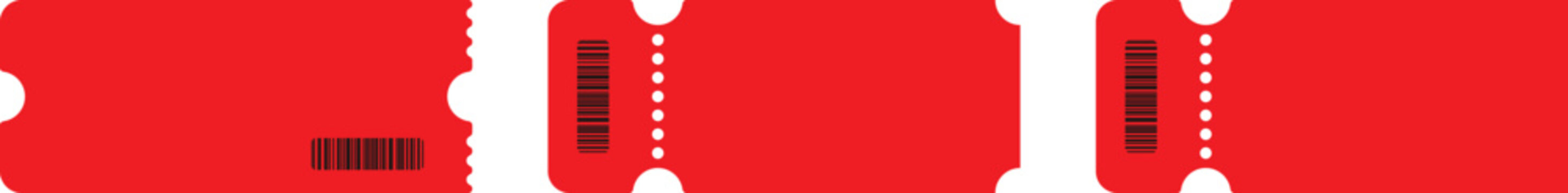 Red blank ticket strip set vector illustration. Flat horizontal event admission coupon collection design. Simple perforated pass graphic for cinema and concert use.

