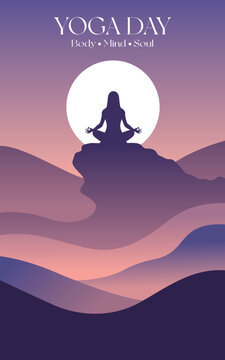Yoga Day Meditation Pose in Mountain Landscape Illustration