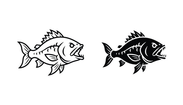 Aggressive predatory fish with sharp teeth and spiny fins vector illustration in bold black and white style for fishing sports branding and aquatic wildlife graphic design assets for anglers