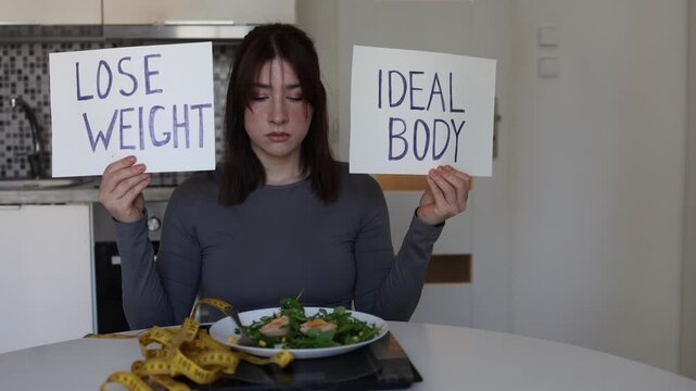 Young woman holds lose weight and ideal body signs beside salad and scale showing diet culture pressure body image anxiety and unrealistic beauty goals in modern life now