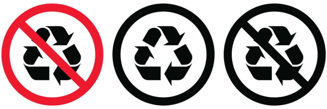Recycle and no recycling icon set with allowed and not allowed symbols representing waste management restrictions environmental protection guidelines and prohibited actions signage design