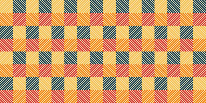 Modern Geometric Checkered Seamless Pattern with Diagonal Stripes, Retro Warm Palette Background for Textile Design, Abstract Plaid Texture in Orange Yellow Red and Navy, Graphic Tile Print.