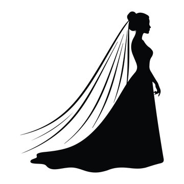 Black silhouette of a bride in a wedding dress with a long veil