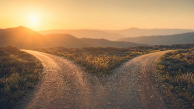 divergence. A symbolic crossroads splitting into two paths, bathed in soft golden hour light with a minimalist aesthetic. wellbeing guides.