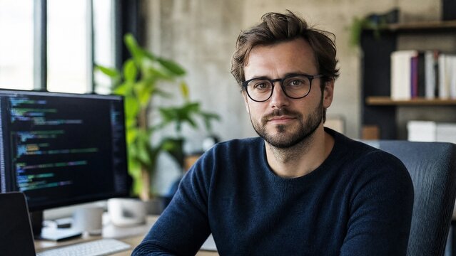 zuckerberg. A male programmer working in a modern office with natural lighting. product launch decks, UI/UX mockups, designed for product launches and innovation pitches, highlights innovation.
