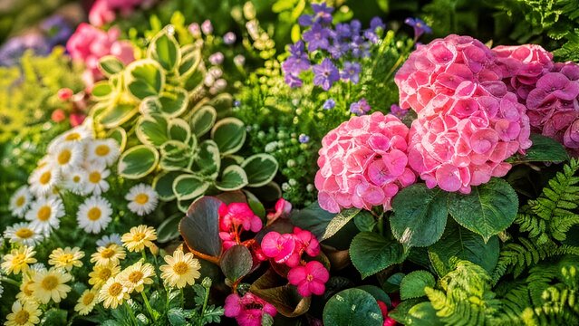 homilies. Close-up of vibrant garden flowers and plants in natural sunlight. gardening catalogs, home-decor guides, designed for gardening and botanical catalogs and home decor and floral branding.