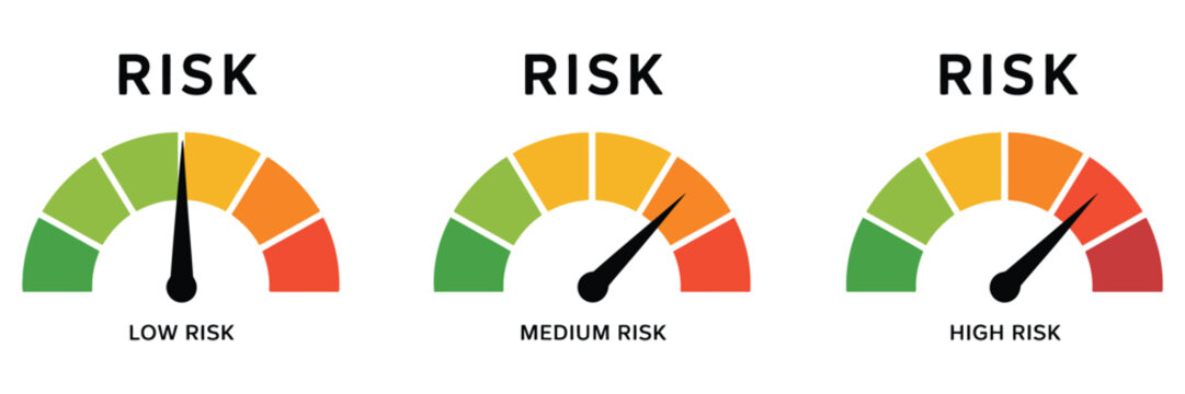 Risk meter icon gauge indicator showing low medium and high risk levels for assessment analysis dashboard monitoring and safety evaluation interface design