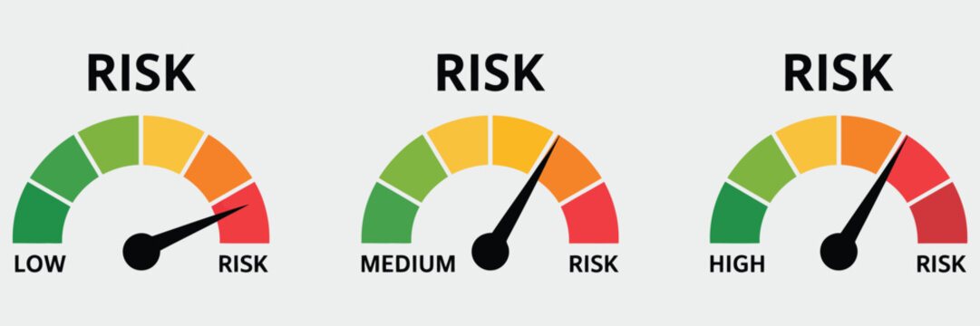 Risk meter icon set featuring gauge style indicators for low medium and high risk levels representing safety scoring assessment analytics and warning status dashboard visualization