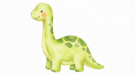 Naklejka premium Soft green dinosaur with leafy spots. Sweet smile, friendly eyes, and pink cheeks. Stands still, looking calm and inviting. Perfect for kids' books, school projects, or nursery decor