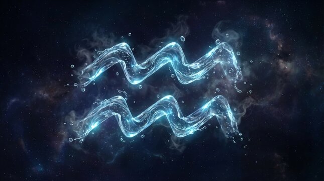 Aquarius symbol glows in cosmic blue swirls. Starry depths frame ethereal, flowing energy. Galaxy backdrop adds mystic, celestial depth. Ideal for astrology, spiritual, or cosmic themes