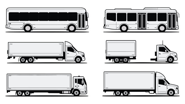 Commercial vehicles buses trucks vans trailers coach lorry cargo fleet side view comparison vector illustration