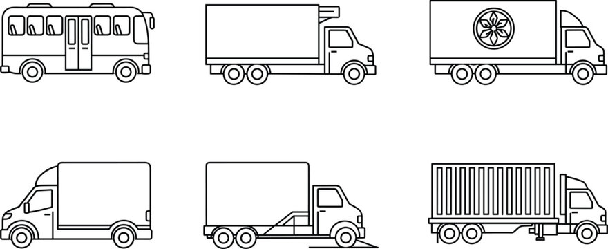 Commercial vehicles set side front bus van truck trailer cargo top view vector illustration