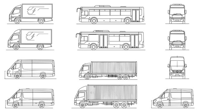 Commercial vehicles vector illustration set side and front schematic views