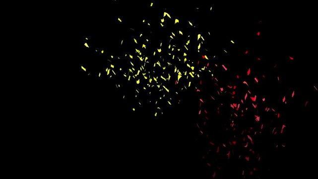 Falling festive confetti on black background. golden confetti slow motion overlay. Realistic golden glitter falling on isolated screen, festive holiday salute with alpha matte for cgi projects. 4k