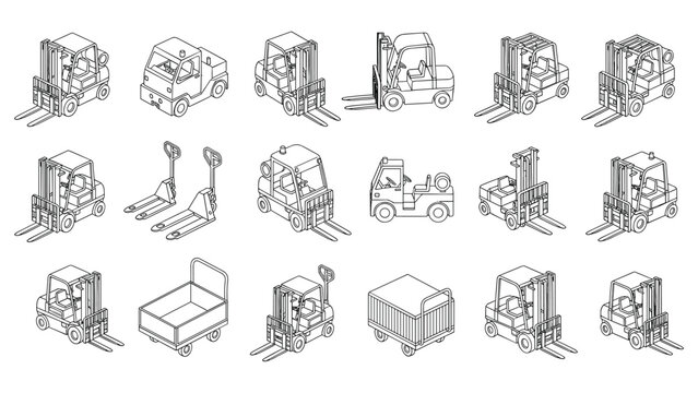Forklift isometric warehouse equipment set pallet jack vector illustration