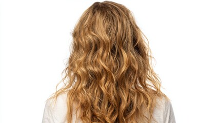 Naklejka premium Back-facing girl, natural waves, golden hair with subtle bronze highlights, low shine, plain top, white background, realistic photorealistic hair focus, 8k