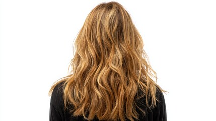 Naklejka premium Back-facing girl, natural waves, golden hair with subtle bronze highlights, low shine, plain top, white background, realistic photorealistic hair focus, 8k