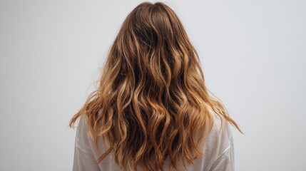 Naklejka premium Back-facing girl with glossy wavy hair, hair looks healthy and vibrant, simple colored top, white minimalist wall, cinematic photorealism, focus entirely on hair,