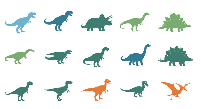 Various colorful dinosaur silhouettes are displayed on a white background for educational purposes.