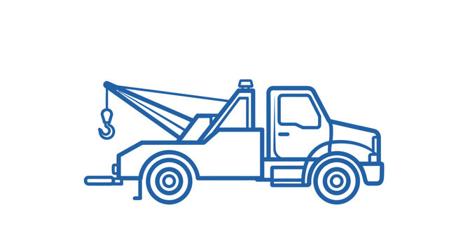 A blue line drawing of a tow truck with a hook on a white background.