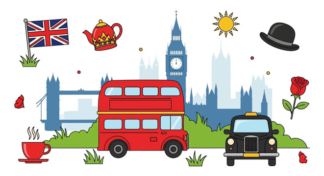 London cityscape with iconic red double-decker bus and black taxi driving past Big Ben and British flags.
