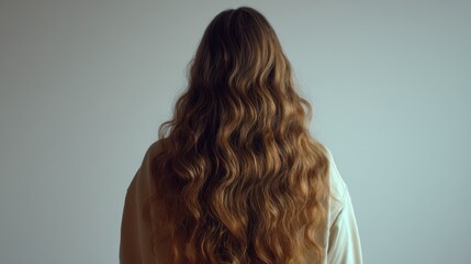 Fototapeta premium Girl from behind, long wavy hair, golden tones with bronze edges, healthy matte shine, plain muted top, white background, realistic hair strands