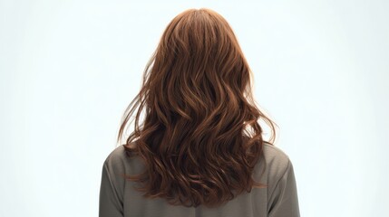 Naklejka premium Girl seen from behind, hair full of natural waves and shine, wearing a basic muted top, white background, photorealistic, cinematic hair lighting, 8k 