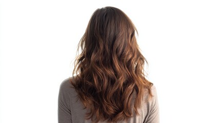 Naklejka premium Girl seen from behind, hair full of natural waves and shine, wearing a basic muted top, white background, photorealistic, cinematic hair lighting, 8k 