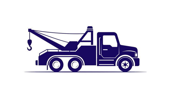 A tow truck is shown with a crane and hook on a white background.