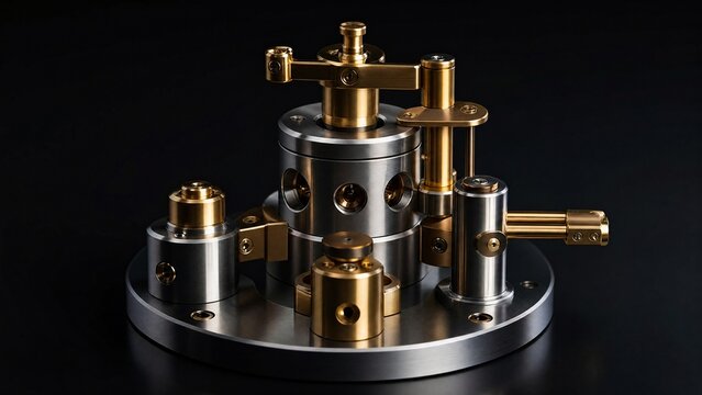 sardonyx. A composition of polished brass and steel cylinders arranged on a dark background. safety posters, maintenance manuals, designed for precision metalworking and fabrication facilities.