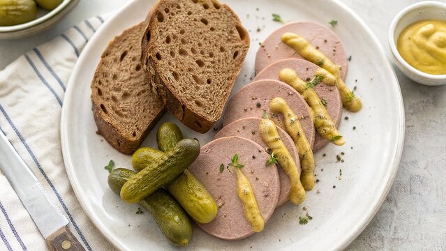 liverwurst. A breakfast plate with liverwurst, mustard, rye bread, and pickled gherkins, overhead view. menu design, packaging mockups, designed for culinary blogs and recipe cards for restaurants.