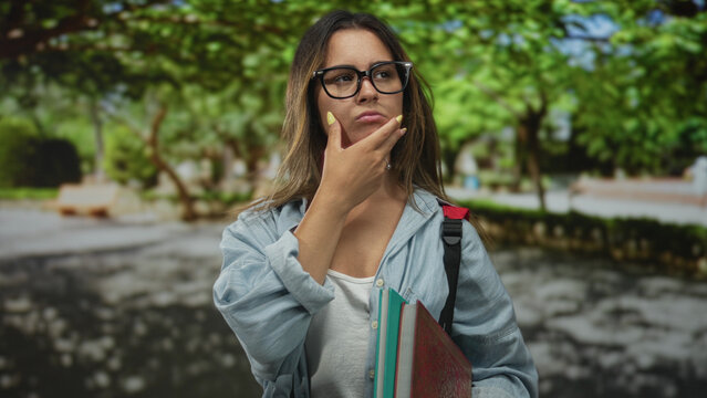 Woman wearing glasses with hand on chin holding notebooks and backpack in forest; thoughtful reflection.