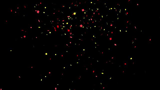 Gold confetti particles pack on black background with luma matte channel. Confetti explosion isolated for black friday sale, realistic golden falling confetti, festive holiday animation. 4k