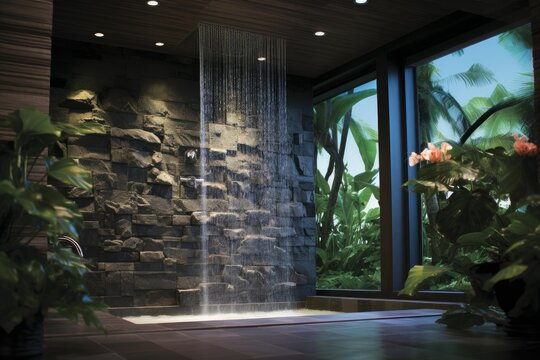 Modern bathroom featuring a rain shower cascading over a stone wall with tropical garden views