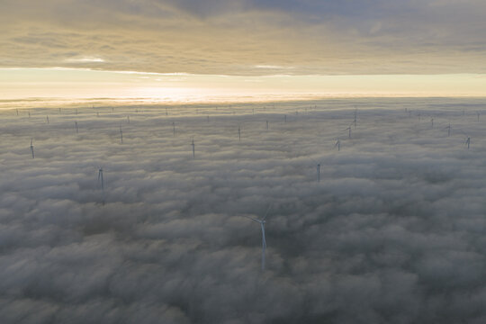 Aerial view of wind turbines poking through a dense blanket of clouds under a golden sunrise sky in Netherlands.