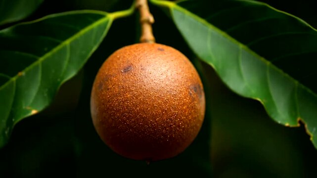 Close up of a ripe sapote fruit hanging from a tree branch with green leaves.