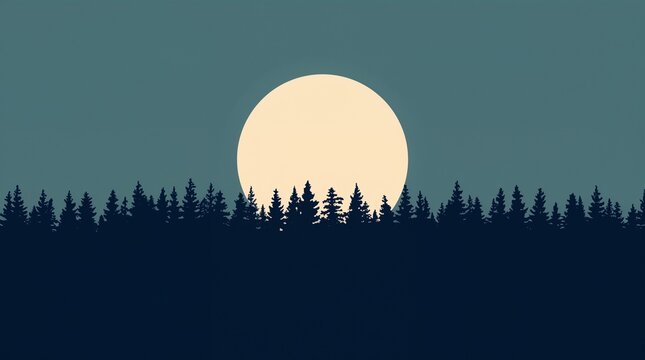 Full moon rising over silhouetted forest treeline at dusk nature landscape concept