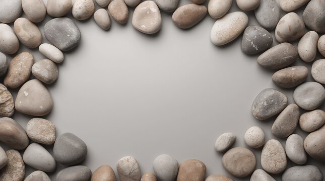 Smooth river pebbles arranged in circular frame on neutral background with copy space for natural spa wellness concept