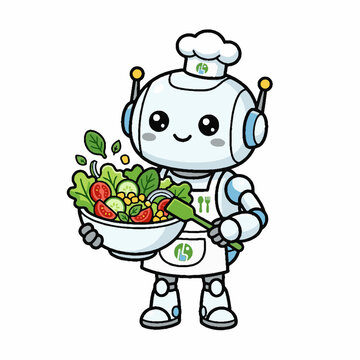Robot chef holding salad bowl.