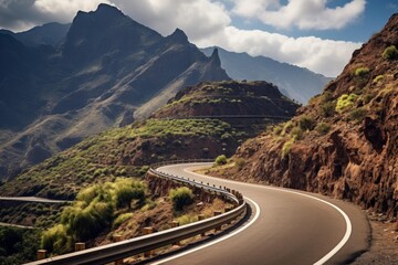 Naklejka premium Asphalt highway curving through arid mountains and green shrubland under a blue sky